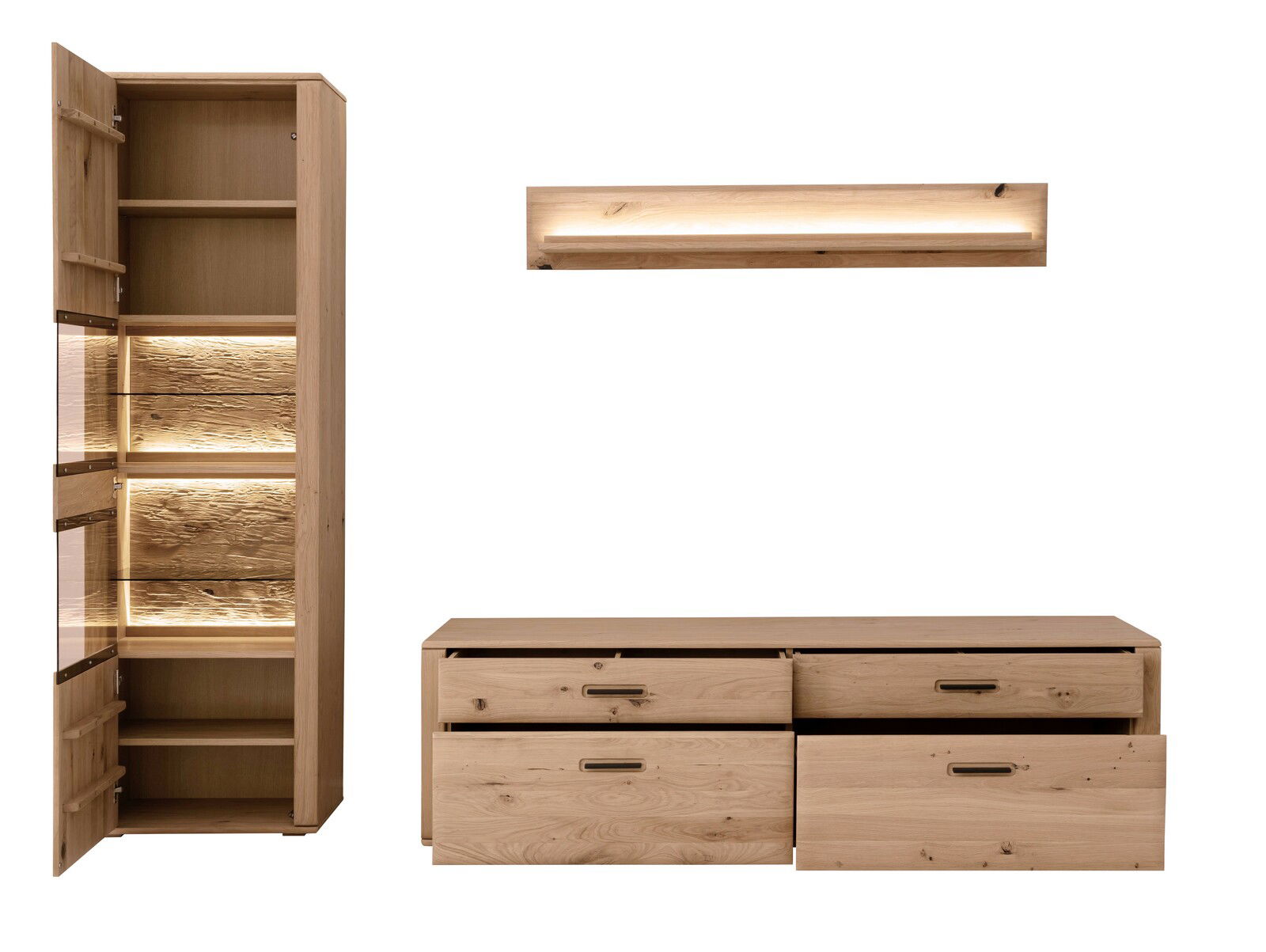 Holz-Wandkombination mit beleuchtetem Regal, Schrank und Schubladen, Frontalansicht