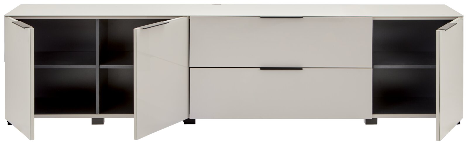 Modernes Sideboard in Weiß mit Glasplatte, zwei mittigen Schubladen und offenen Fächern hinter seitlichen Türen, frontale Ansicht mit geöffneten Türen