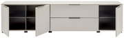 Modernes Sideboard in Weiß mit Glasplatte, zwei mittigen Schubladen und offenen Fächern hinter seitlichen Türen, frontale Ansicht mit geöffneten Türen