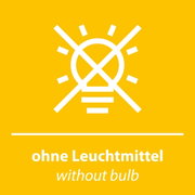 Grafik eines durchgestrichenen Glühbirnensymbols auf gelbem Hintergrund, mit der Aufschrift 'ohne Leuchtmittel'.