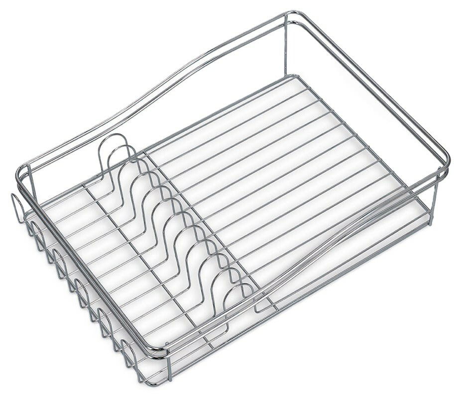 Metall-Geschirrabtropfständer aus der Vogelperspektive, mit Platz für Teller und Besteck.