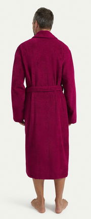 Rückansicht eines Mannes in einem weinroten Bademantel mit Schalkragen.