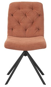 Vorderansicht eines modernen Stuhls mit gepolsterter, gerippter Rückenlehne und Sitzfläche in warmem Braunton, auf schwarzem Metallgestell.