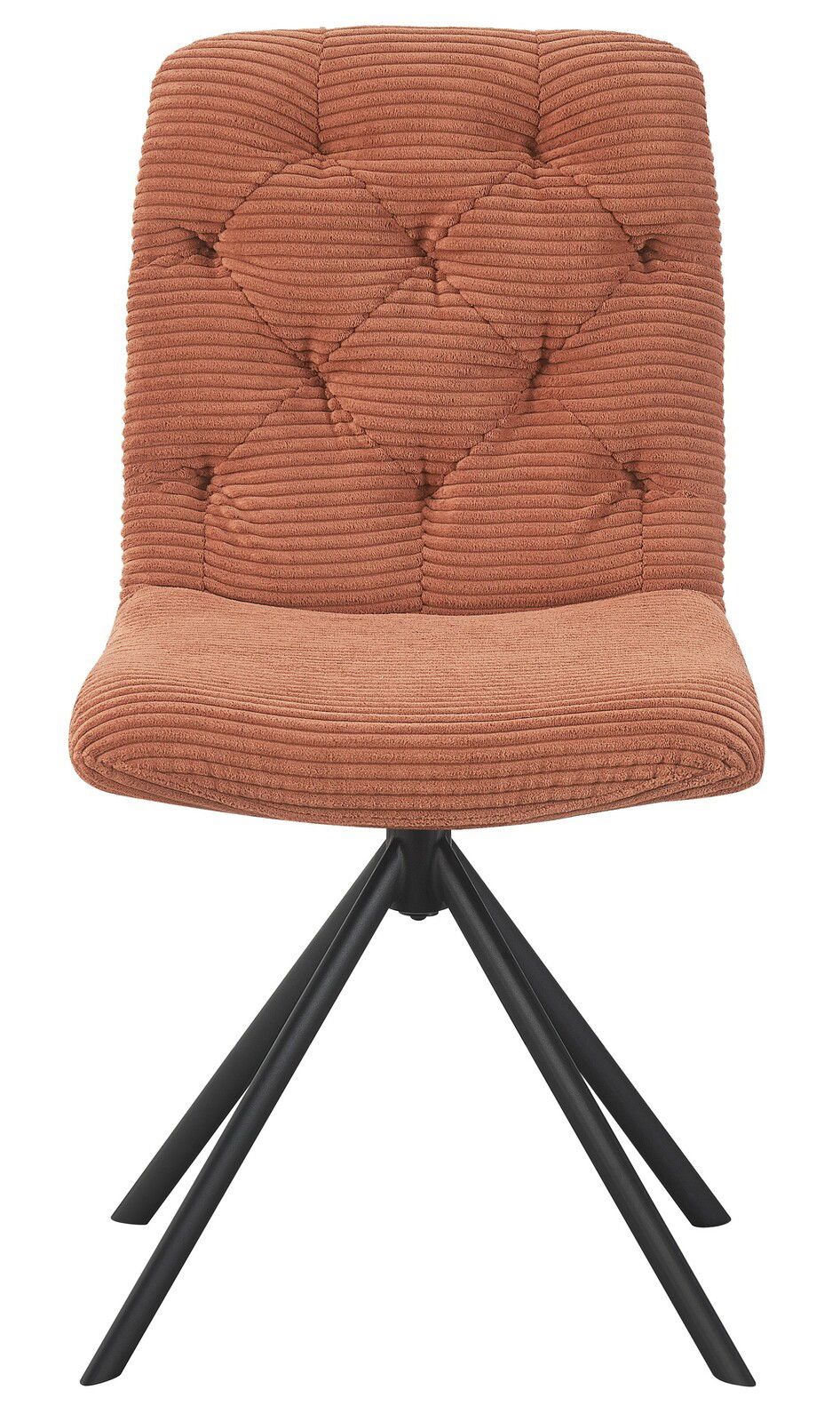 Vorderansicht eines modernen Stuhls mit gepolsterter, gerippter Rückenlehne und Sitzfläche in warmem Braunton, auf schwarzem Metallgestell.