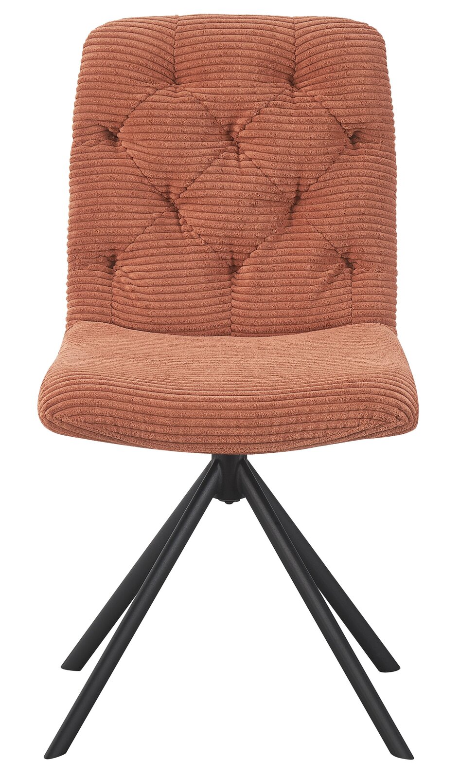 Vorderansicht eines modernen Stuhls mit gepolsterter, gerippter Rückenlehne und Sitzfläche in warmem Braunton, auf schwarzem Metallgestell.