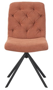 Vorderansicht eines modernen Stuhls mit gepolsterter, gerippter Rückenlehne und Sitzfläche in warmem Braunton, auf schwarzem Metallgestell.