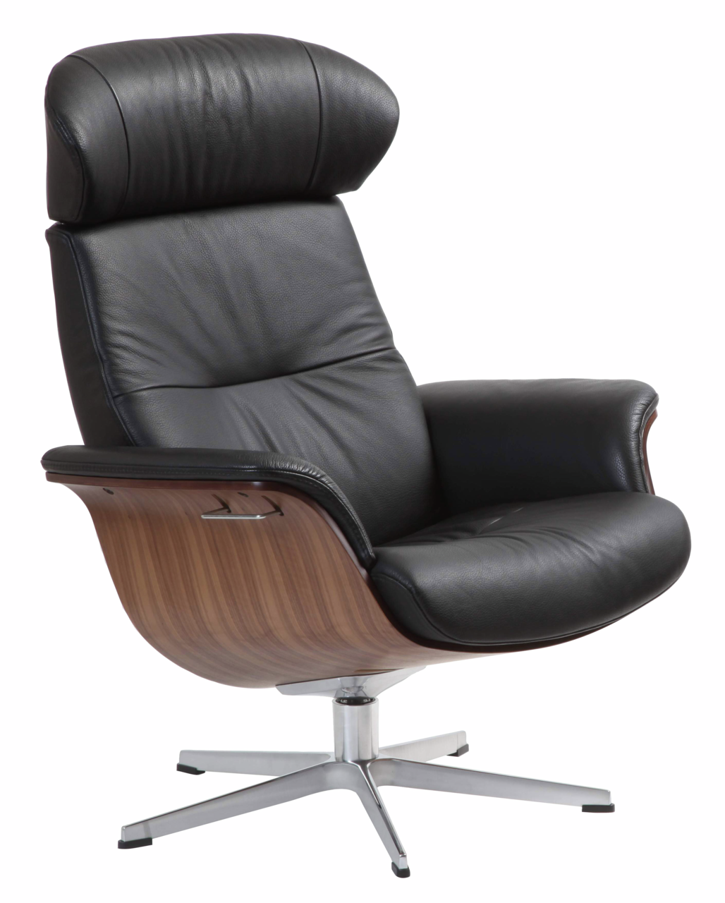 Schwarzer Relaxsessel mit Holzrückseite und Metallfuß, seitliche Perspektive