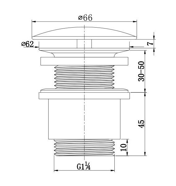 Technische Zeichnung eines Permanentablaufs mit Gewinde, Seitenansicht, Durchmesserangaben und Höhenmaße.
