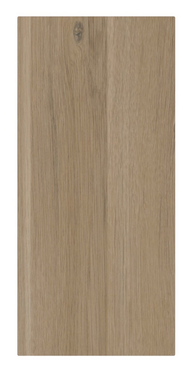 Vooraanzicht van een houten plaat met natuurlijke nerf, gebruikt voor een bovenkast aan de rechterkant.