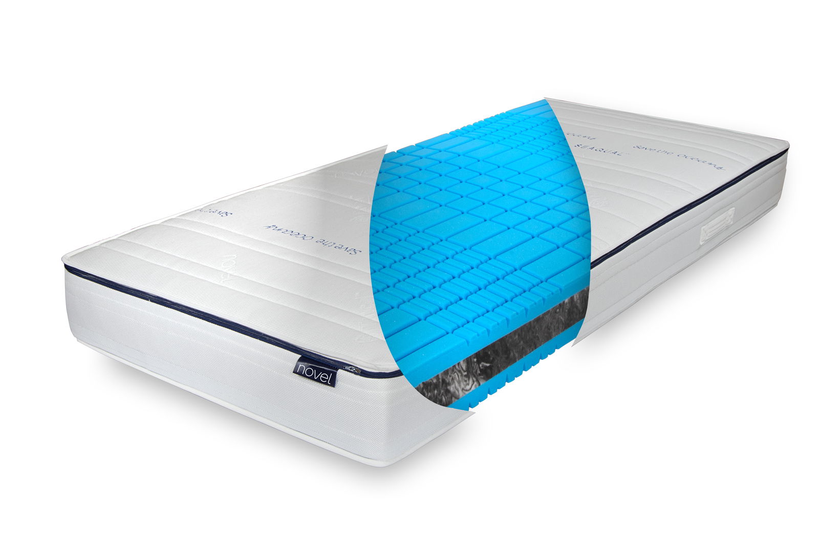 Taschenfederkernmatratze mit aufgeschnittener Ansicht, die die blaue Schaumstoffschicht und die Federkernstruktur zeigt, perspektivisch von der Seite betrachtet.