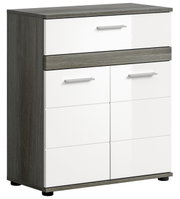 Moderner Midischrank mit weißer Front und dunklem Holzrahmen, seitliche Perspektive