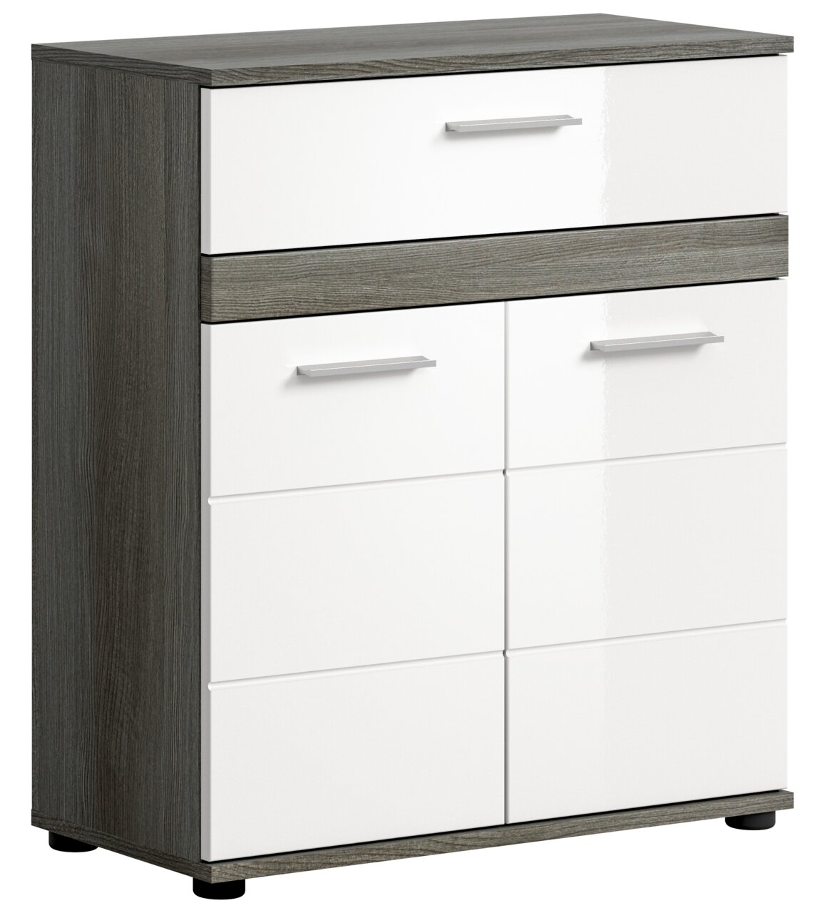 Moderner Midischrank mit weißer Front und dunklem Holzrahmen, seitliche Perspektive