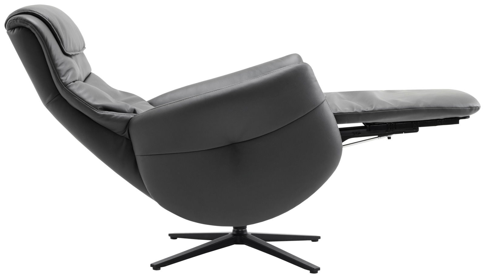 XORA Relaxsessel MORE Seitliche Ansicht eines grauen Relaxsessels in Liegeposition mit modernem Design und drehbarem Fuß.