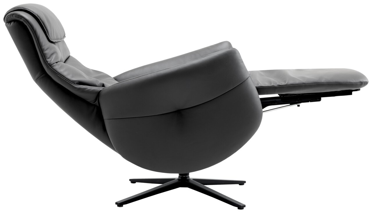 XORA Relaxfauteuil MORE Zijaanzicht van een grijze relaxfauteuil in ligstand, met een modern ontwerp en een draaibare voet.