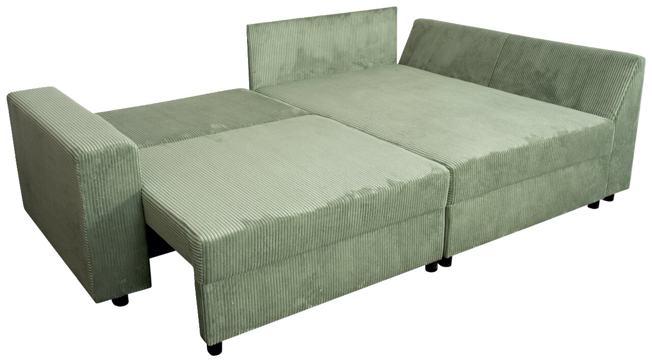 Grünes Ecksofa in Liegeposition, Perspektive von schräg oben