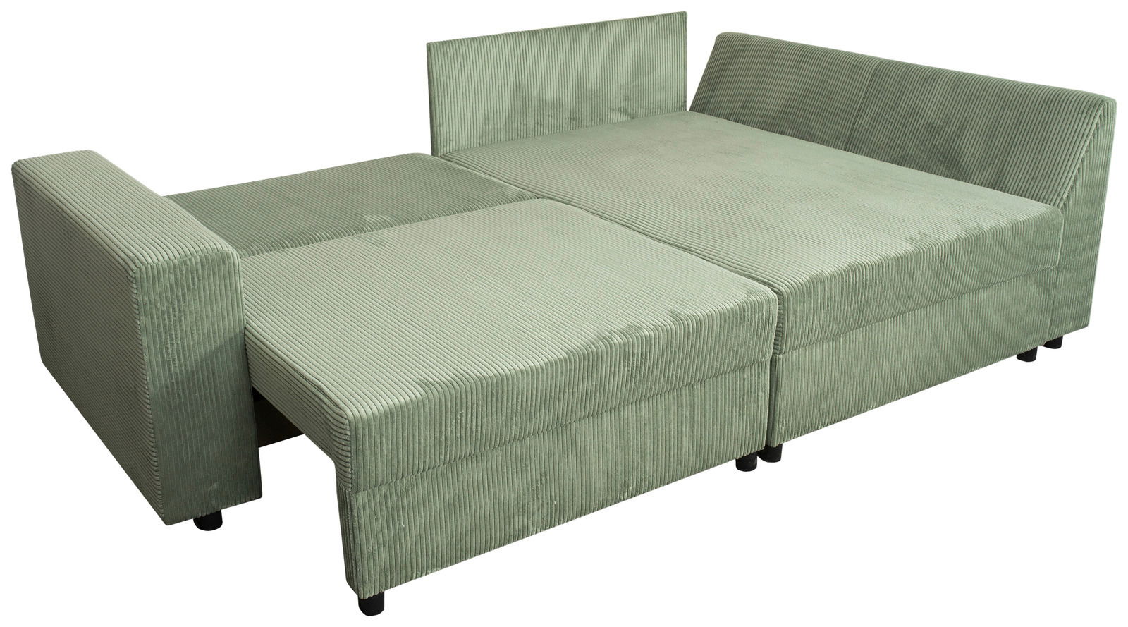 Grünes Ecksofa in Liegeposition, Perspektive von schräg oben