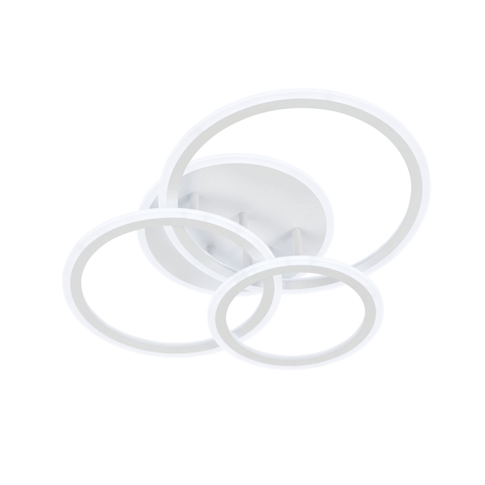 Moderne Deckenleuchte mit drei weißen, ineinander verschlungenen Ringen, Ansicht von unten.