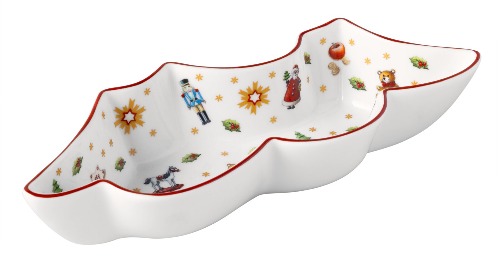 Weiße Servierschale in Tannenbaumform mit rotem Rand und weihnachtlichen Motiven, aus schräger Vorderansicht von oben