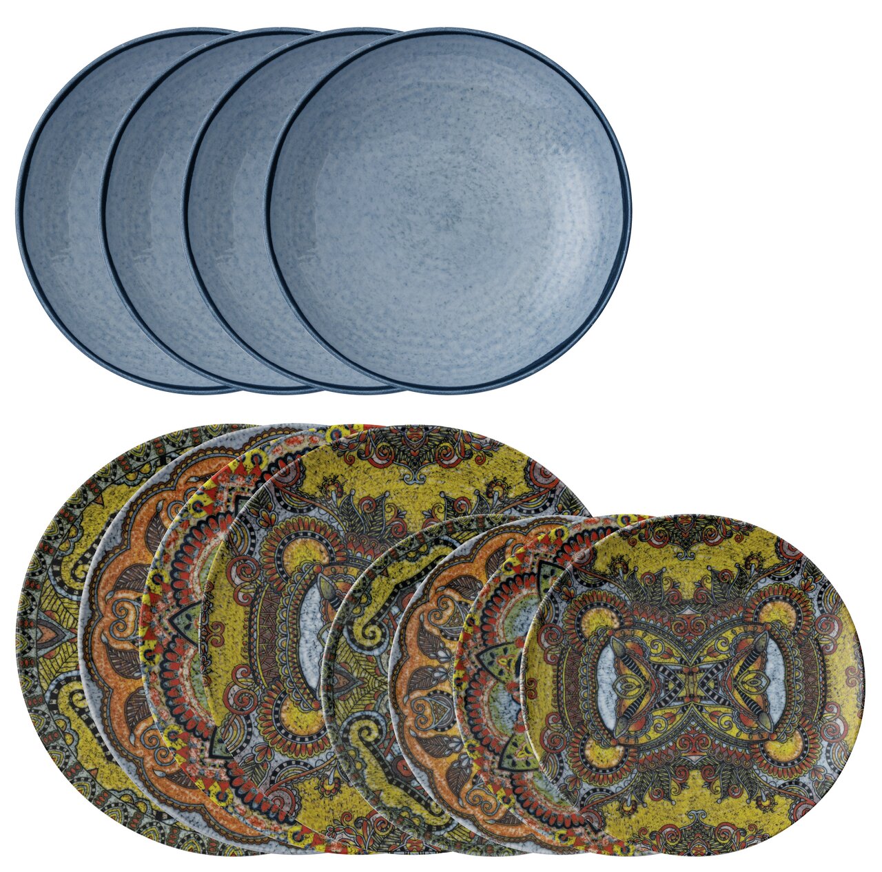Vogelperspektive auf ein 12-teiliges Tellerset mit Mandala-Design, bestehend aus sechs blauen Tellern und sechs Tellern mit buntem Mandala-Muster.