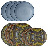 Vogelperspektive auf ein 12-teiliges Tellerset mit Mandala-Design, bestehend aus sechs blauen Tellern und sechs Tellern mit buntem Mandala-Muster.