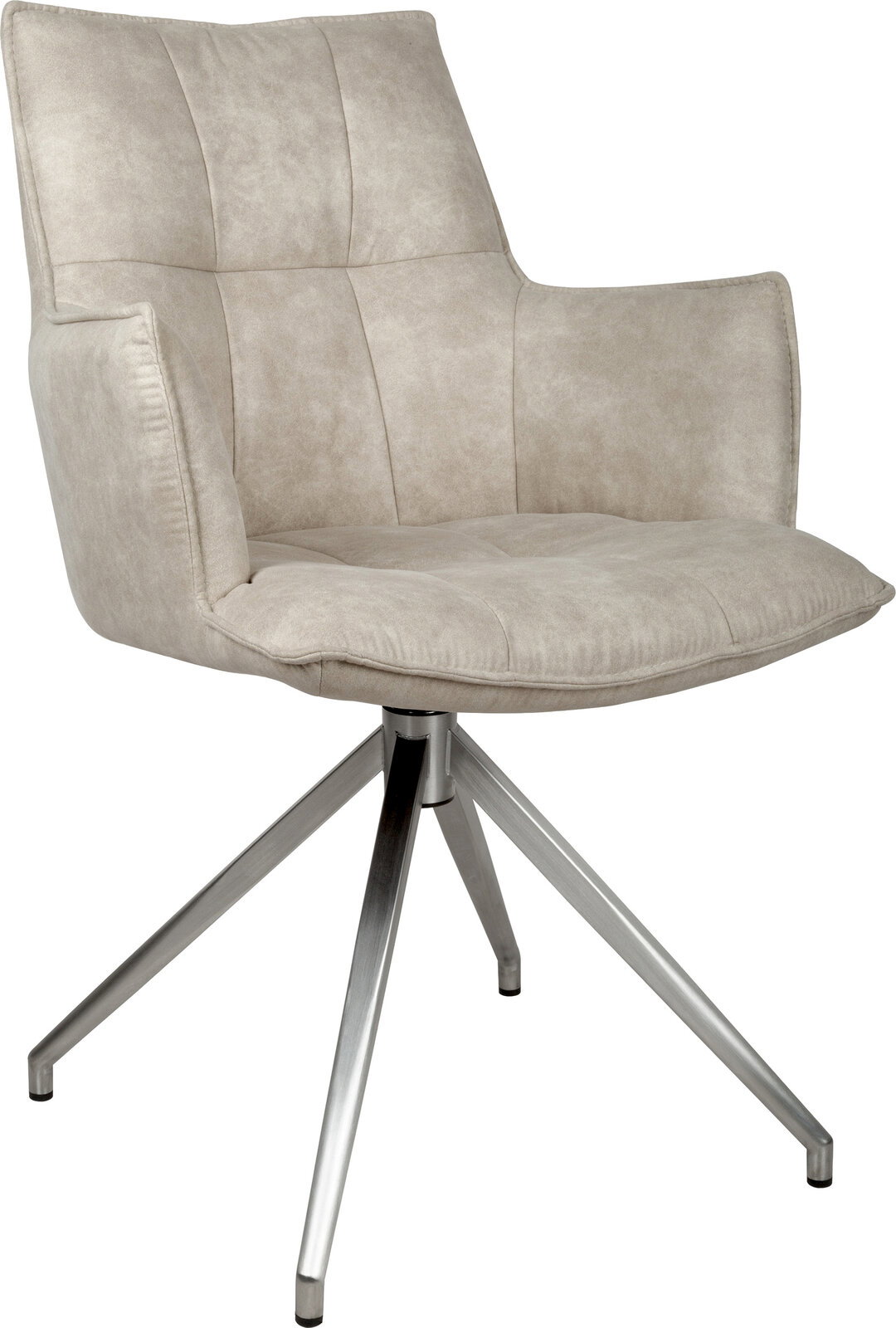 Beiger, gepolsterter Drehstuhl mit Armlehnen und Metallkreuzfuß, freigestellt auf weißem Hintergrund, in schräger Vorderansicht von links.