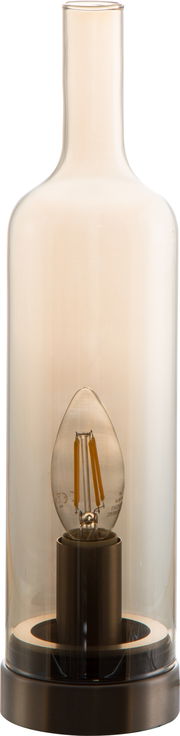 Moderne Tischleuchte mit transparentem Glaszylinder und sichtbarer Glühbirne, seitliche Perspektive.