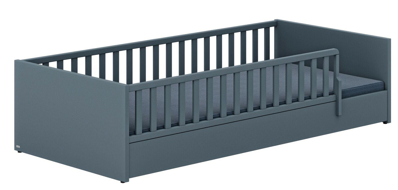 Paidi Bodenbett LITTLE FLO Graues Bodenbett mit Gitterstäben, seitliche Perspektive