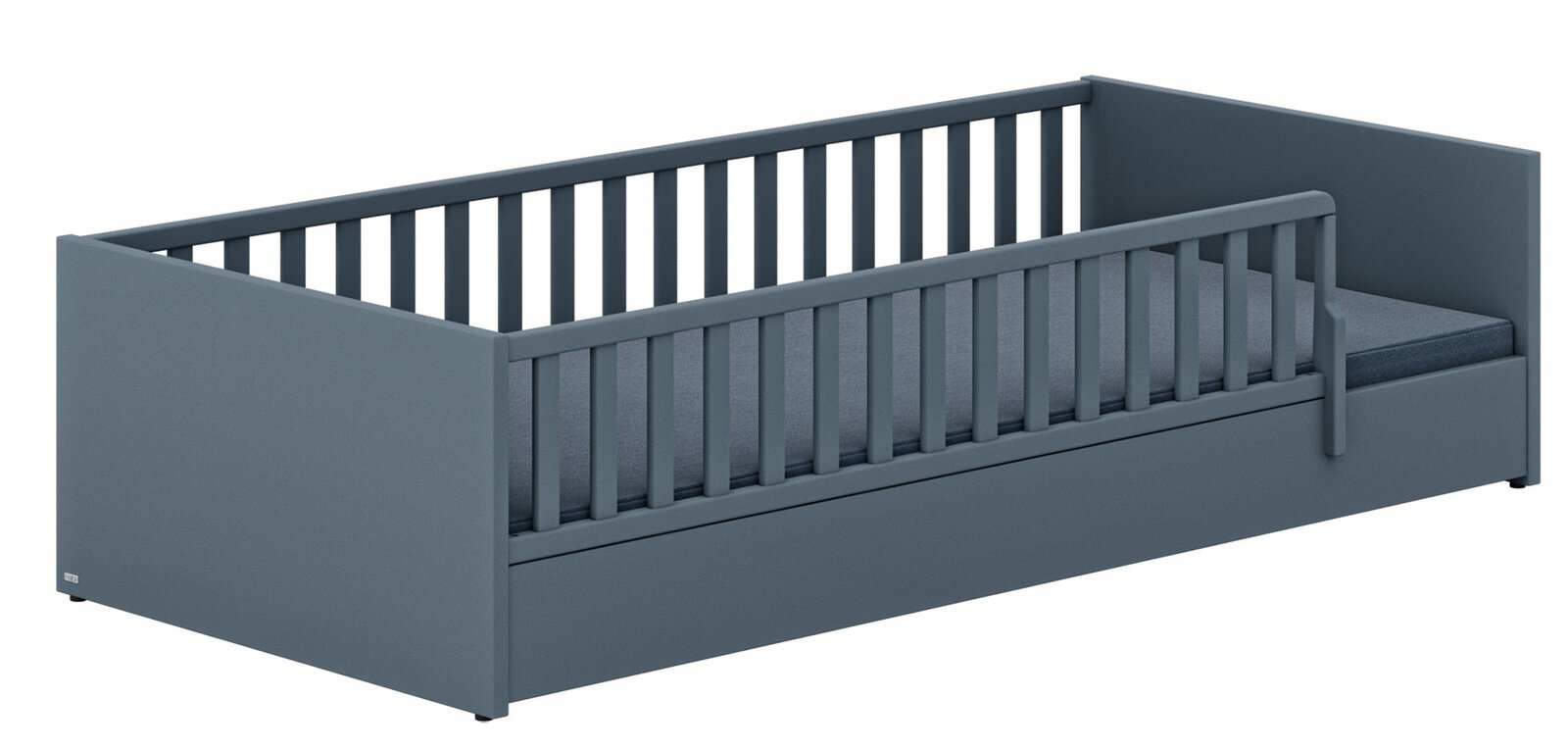 Paidi Bodenbett LITTLE FLO Graues Bodenbett mit Gitterstäben, seitliche Perspektive