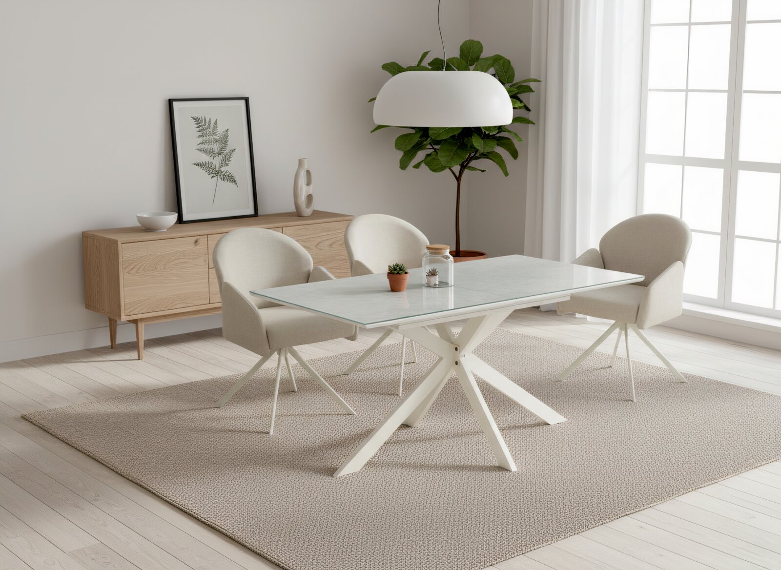 Moderner Esstisch mit heller Tischplatte und weißem X-Gestell, umgeben von vier gepolsterten Stühlen in Creme in einem hellen Esszimmer; Perspektive: schräg von vorne auf Augenhöhe.