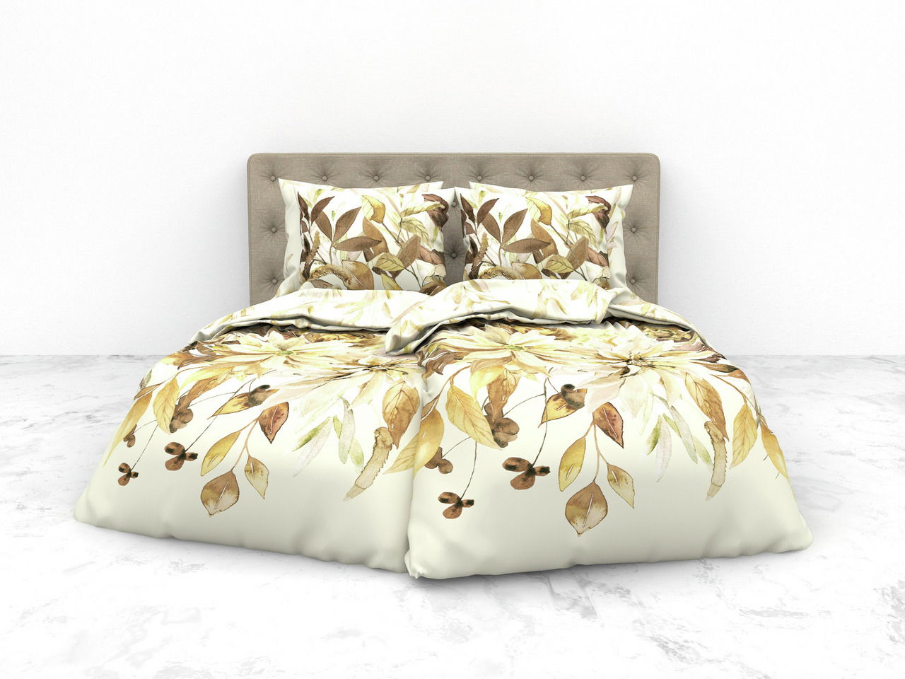 Bett mit beiger Bettwäsche und floralem Muster in Braun- und Gelbtönen, Vorderansicht