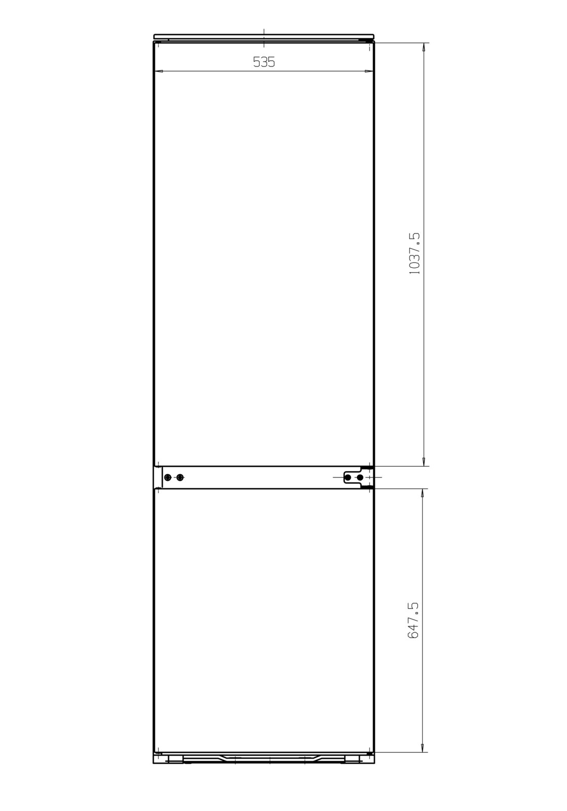 Technische Strichzeichnung eines hohen Einbau-Kühl-/Gefrierschranks in Frontalansicht mit Maßangaben, Breite 535 mm sowie Höhen 1037,5 mm und 647,5 mm