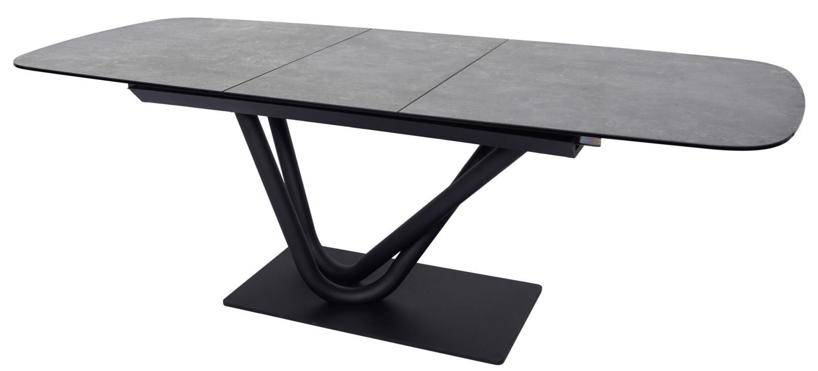 Moderner Esstisch mit grauer Tischplatte und schwarzem, geschwungenem Untergestell, seitliche Perspektive