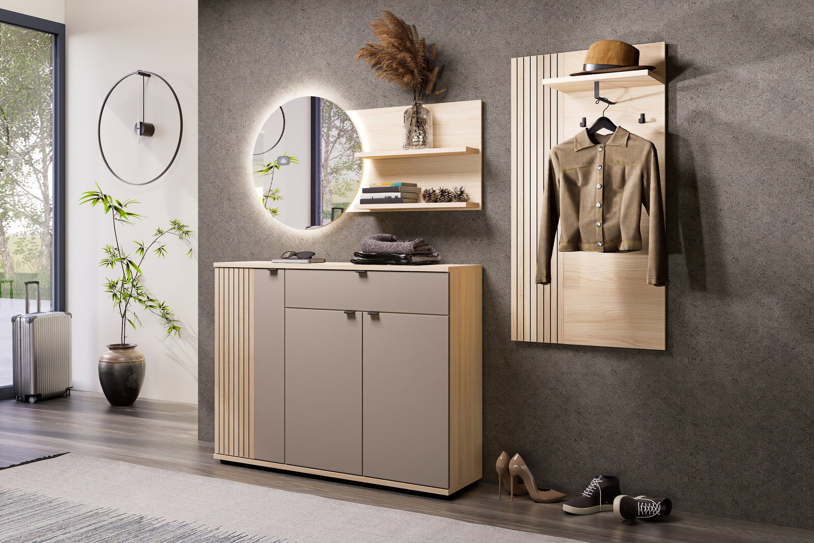 XORA Spiegel mit Paneel PISA Modernes Flur-Set aus hellem Holz mit grauen Fronten: Sideboard mit Lamellenoptik, runder Wandspiegel mit LED-Hinterleuchtung, Wandregal und Garderobenpaneel mit Hutablage und Kleiderhaken, frontal in leichter Schrägansicht von links fotografiert.