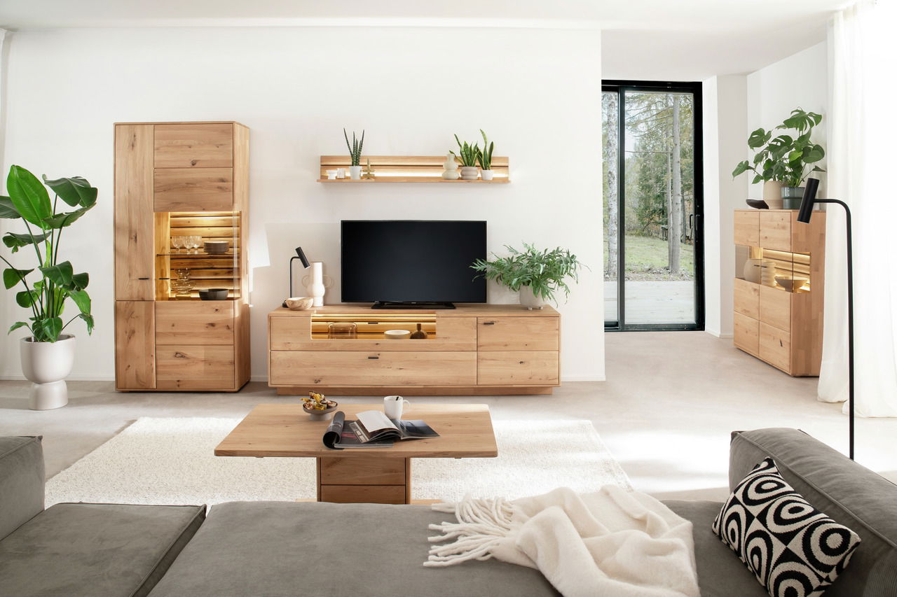 Moderne Wohnzimmer-Wandkombination aus Holz mit TV-Schrank, Vitrine und Regal, umgeben von Pflanzen, aus der Perspektive eines gemütlichen Wohnzimmers.