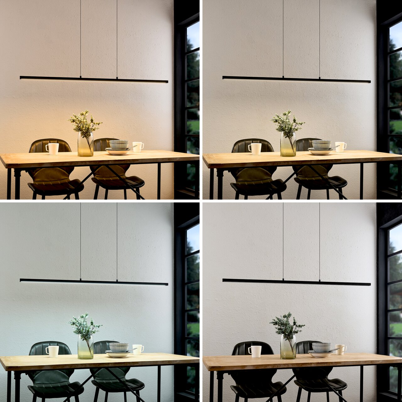 Minimalistische zwarte LED-hanglamp in de vorm van een lange, slanke lichtbalk boven een houten tafel met serviesgoed en een vaas, vooraanzicht van het product.