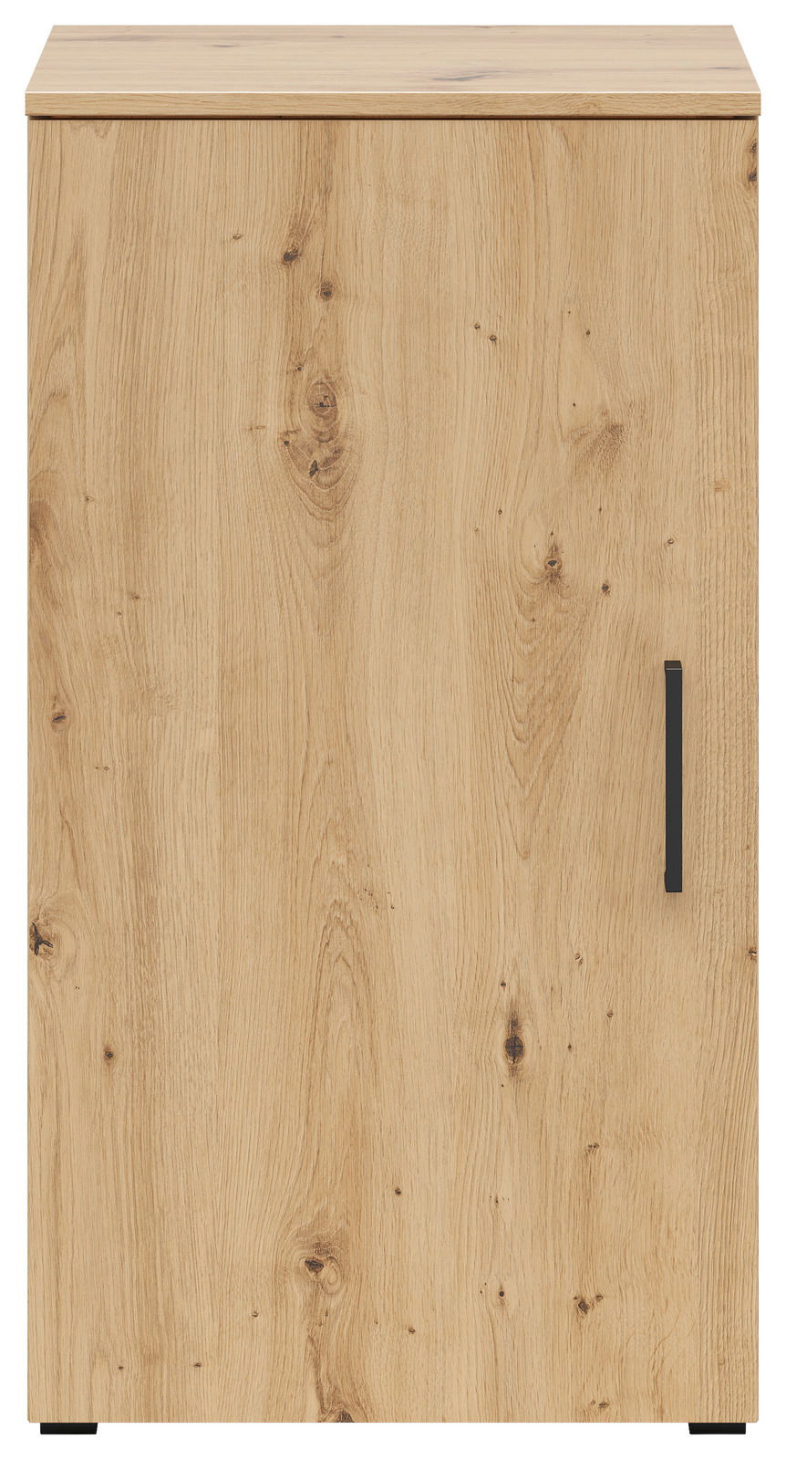 Frontansicht einer Kommode mit Holzoptik und schwarzem Griff