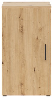 Frontansicht einer Kommode mit Holzoptik und schwarzem Griff