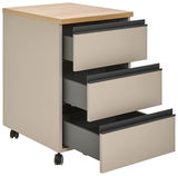 Rollcontainer mit drei offenen Schubladen, beige mit Holzoberfläche, auf Rollen, seitliche Perspektive