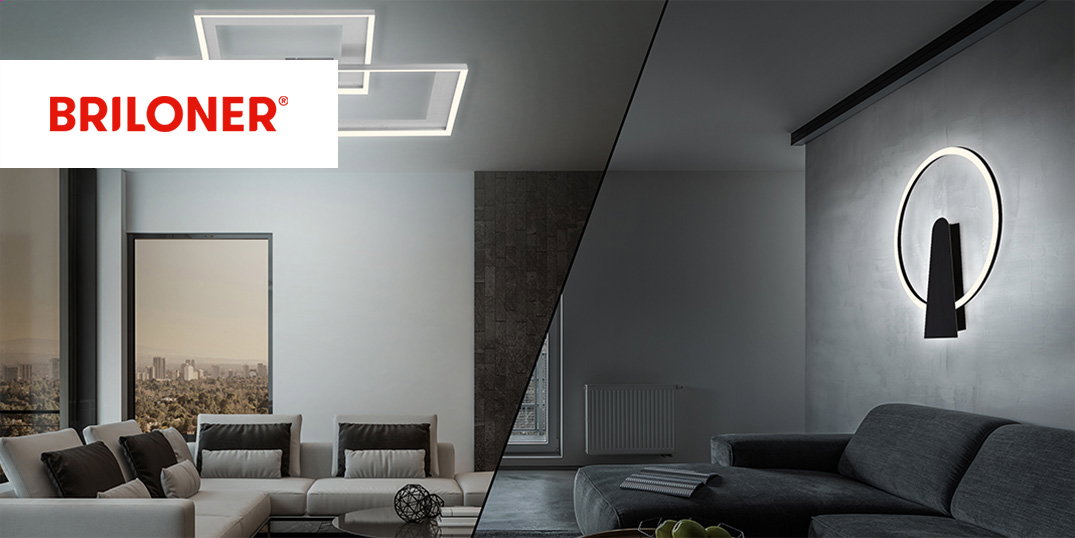 Woonkamer met stijlvolle verlichtingsontwerpen van Briloner, met strakke plafond- en wandlampen.