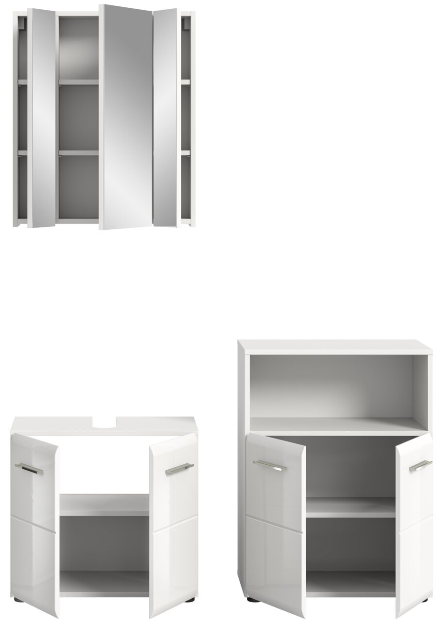 Badezimmerschrank-Kombination in Weiß, bestehend aus einem Spiegelschrank mit drei Türen und zwei Unterschränken mit jeweils zwei Türen, frontal abgebildet.