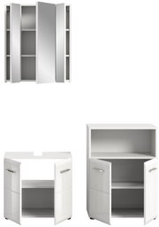 Badezimmerschrank-Kombination in Weiß, bestehend aus einem Spiegelschrank mit drei Türen und zwei Unterschränken mit jeweils zwei Türen, frontal abgebildet.