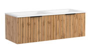 Frontansicht eines modernen Waschtisch-Sets mit Holzlamellen-Design und zwei Waschbecken.