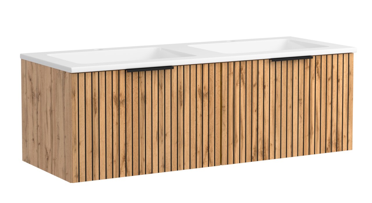 Frontansicht eines modernen Waschtisch-Sets mit Holzlamellen-Design und zwei Waschbecken.