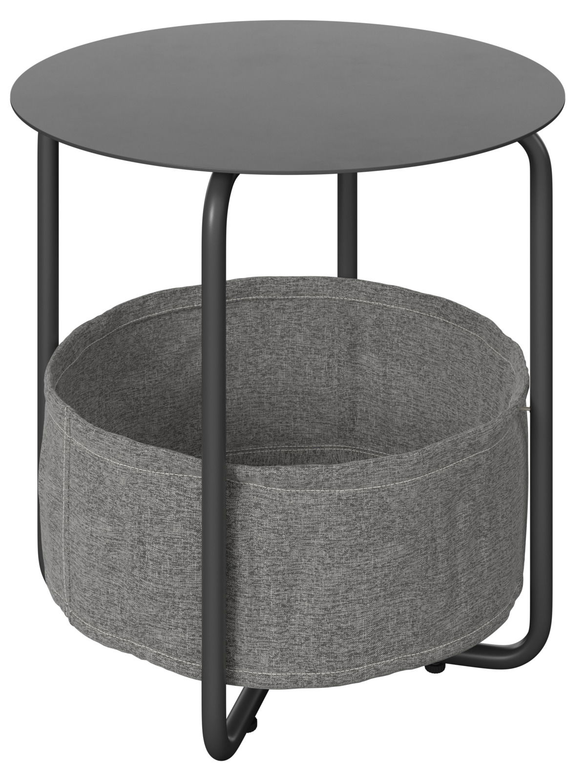 Moderner Beistelltisch mit rundem, schwarzem Tischplatte und grauem Stoffkorb darunter, seitliche Perspektive.