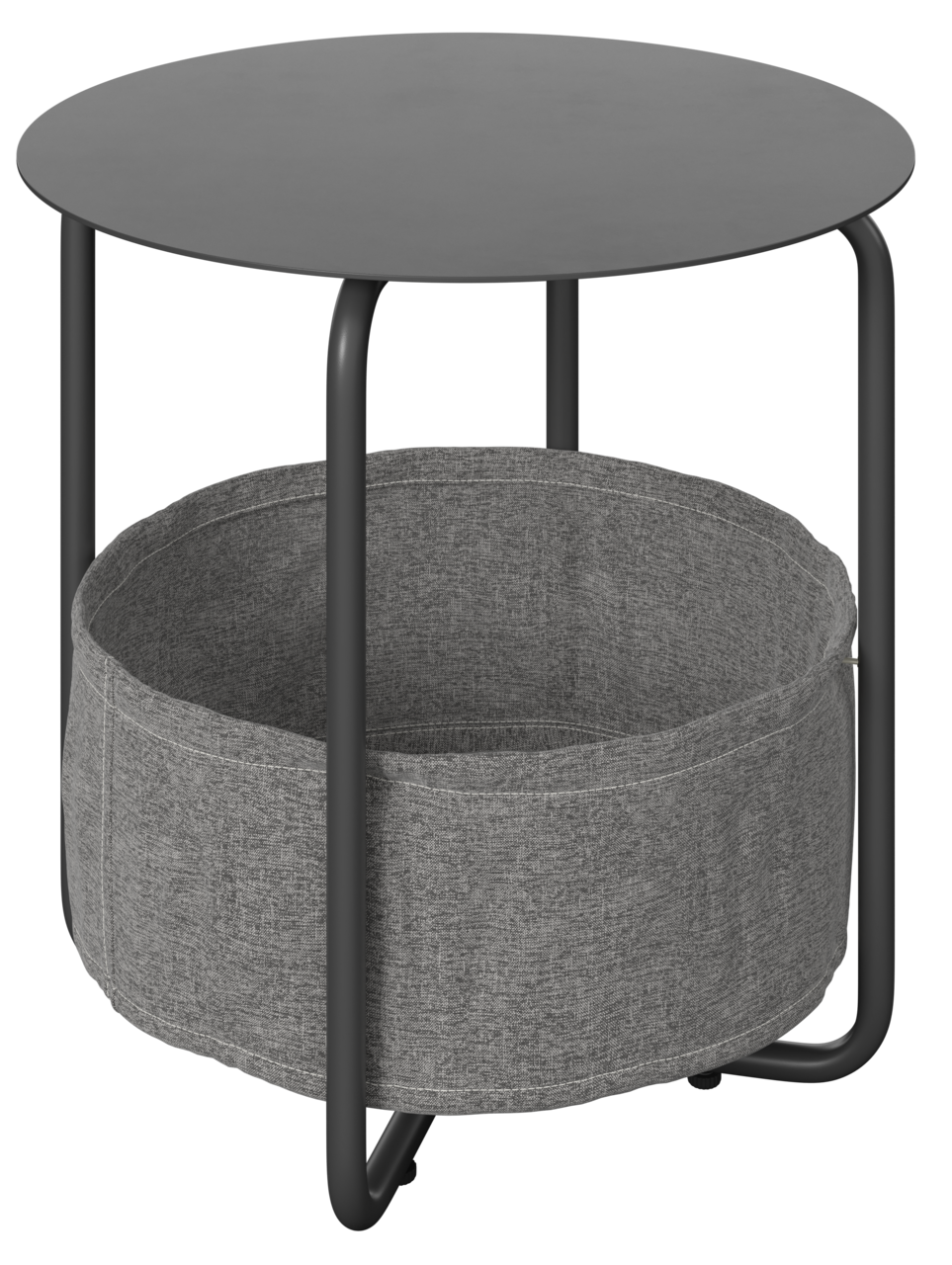 Ambia Garden Beistelltisch RUDI Moderner Beistelltisch mit rundem, schwarzem Tischplatte und grauem Stoffkorb darunter, seitliche Perspektive.