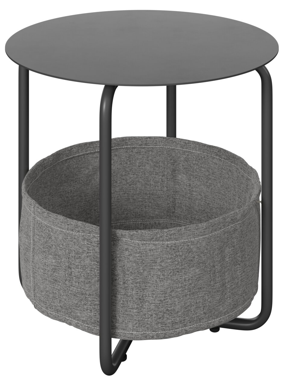 Ambia Garden Beistelltisch RUDI Moderner Beistelltisch mit rundem, schwarzem Tischplatte und grauem Stoffkorb darunter, seitliche Perspektive.