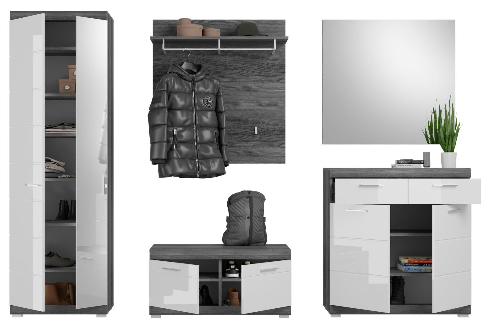Garderoben-Set 5-teilig in moderner Perspektive, bestehend aus einem hohen Schrank mit Spiegel, einer Wandgarderobe mit Haken und Ablage, einem Schuhschrank mit Sitzfläche und einem Spiegel mit Dekoration.
