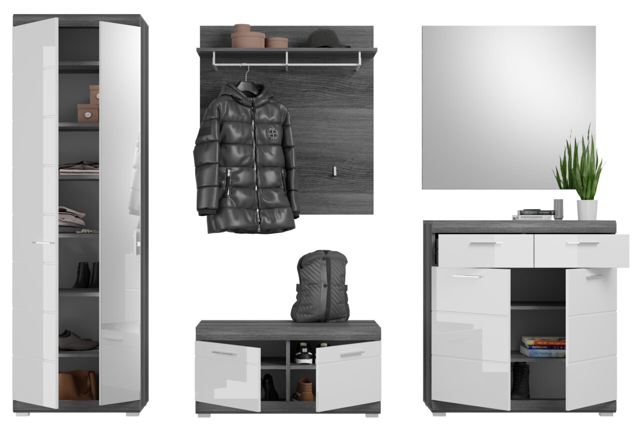 Garderoben-Set 5-teilig in moderner Perspektive, bestehend aus einem hohen Schrank mit Spiegel, einer Wandgarderobe mit Haken und Ablage, einem Schuhschrank mit Sitzfläche und einem Spiegel mit Dekoration.