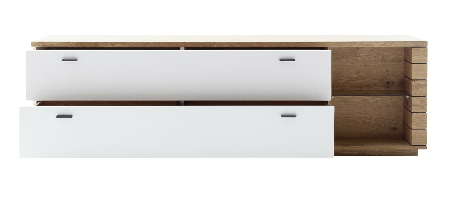 Frontansicht eines TV-Lowboards mit zwei weißen Schubladen und einem offenen Fach aus Holz.