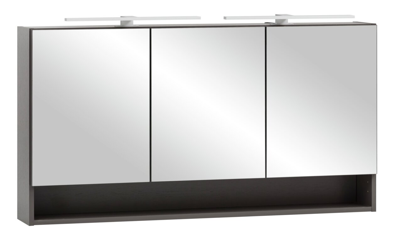 Moderner Spiegelschrank mit drei Türen und integrierter Beleuchtung, Frontalansicht